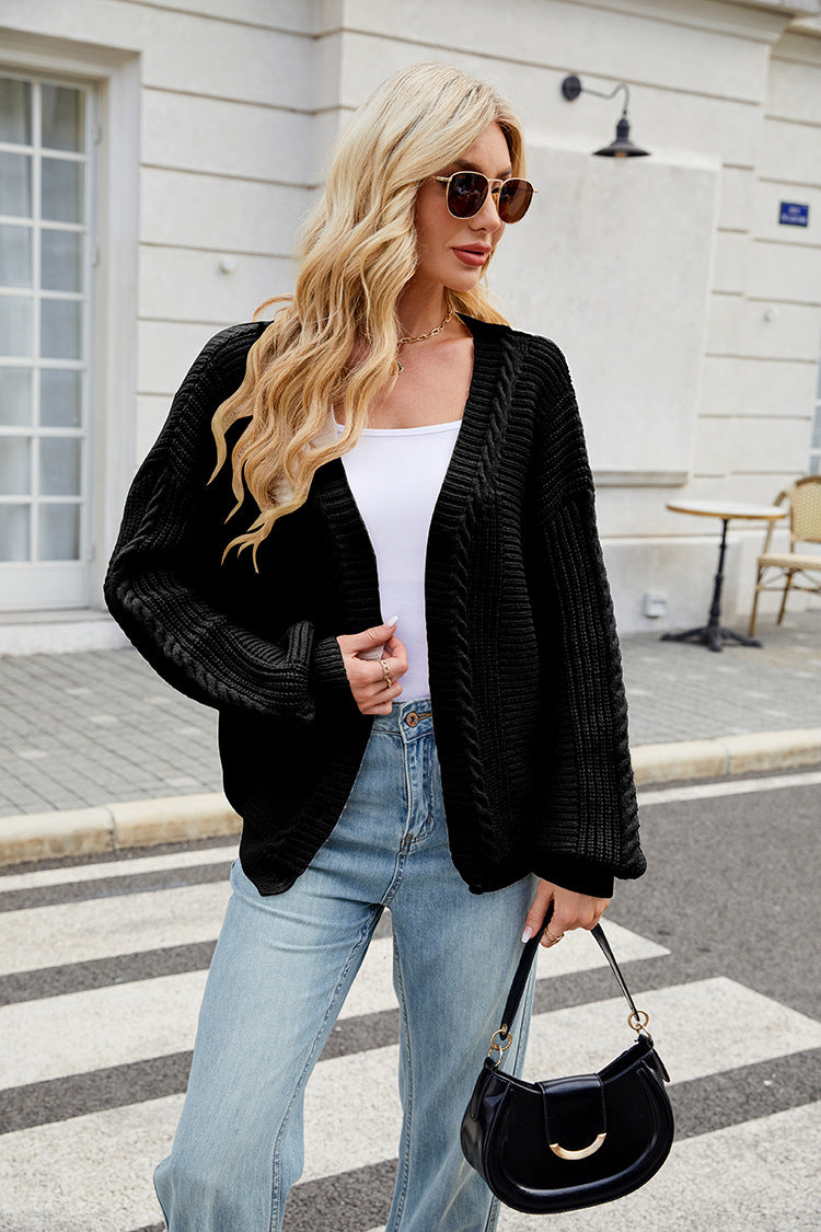 V Neck Cable Knit Cardigan | Loose Fit, Long Sleeve Sweater Coat | noémi