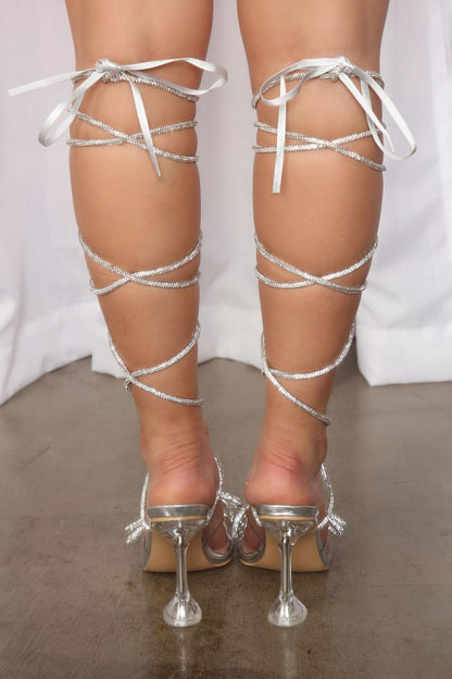 Sparkly Silver Bow Lace Up Heels | Square Toe Party Sandals | Chunky Wine Glass Heel | noémi
