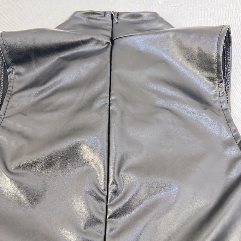 Womens Faux Leather Sleeveless Sheath Dress with Stand Collar Lace Up Waist | noémi