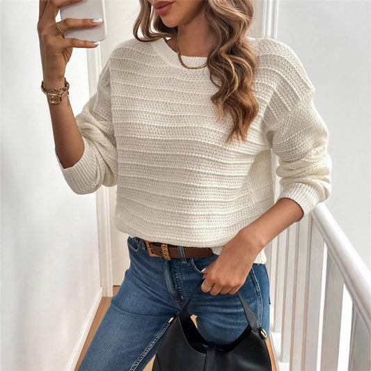Cream Knit Sweater | Lightweight Pullover with Back Bow Tie & Textured Rib Detail | noémi