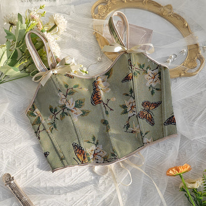 Floral Print Bow Shoulder Strap Corset Vest with Fitted Silhouette | noémi