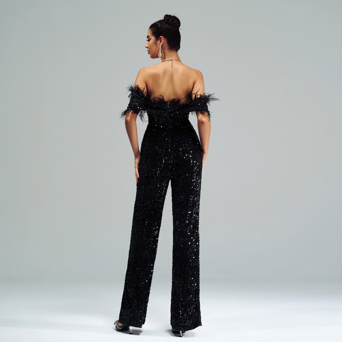 Women’s Black Sequin Off Shoulder Feather Jumpsuit | noémi