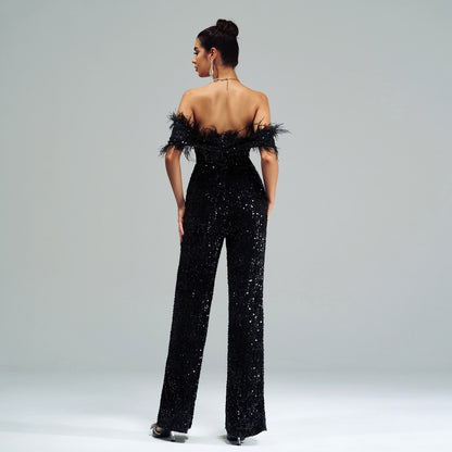 Women’s Black Sequin Off Shoulder Feather Jumpsuit | noémi