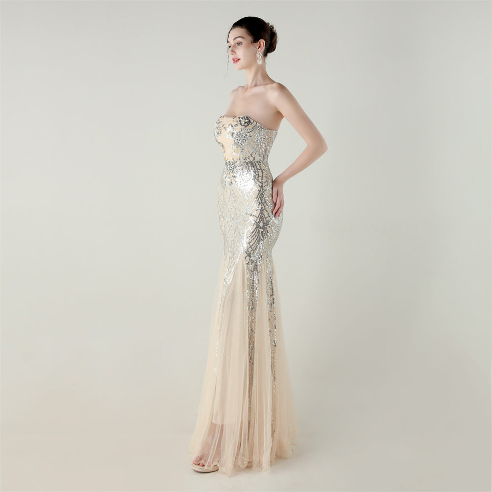 Strapless Beaded Sequin Mesh Dress | Cross Strap Floral Cocktail | noémi