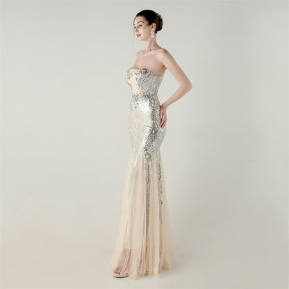 Strapless Beaded Sequin Mesh Dress | Cross Strap Floral Cocktail | noémi