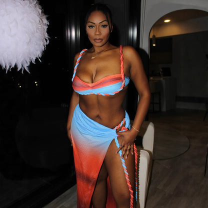 Women’s Two Piece Summer Beach Set | Woven Halter Crop Top & High Slit Skirt | noémi