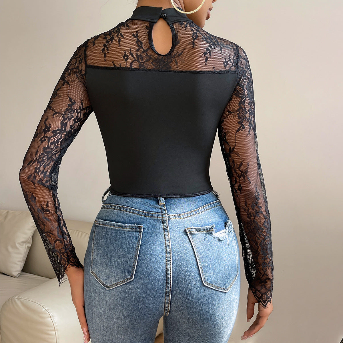 Slim Fit Lace Long Sleeve Top with Low Cut Neckline for Women | noémi