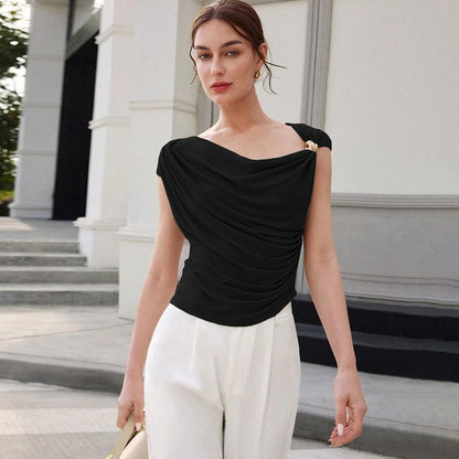 Diagonal Drape Sleeveless Top | Slim Fit & Ruched Design | noémi