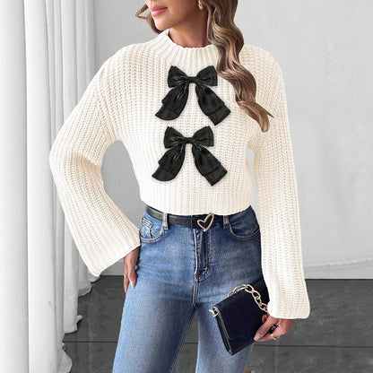 Womens Cropped Knit Sweater with Bow Detail | Flared Sleeves & Half Turtleneck Pullover | noémi