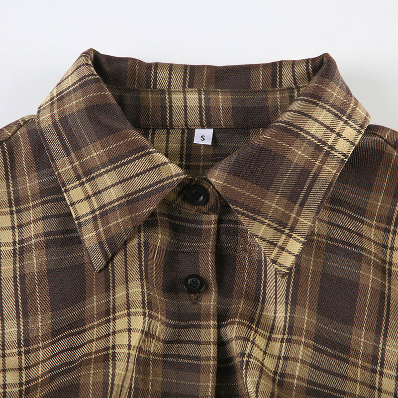 Plaid Puff Sleeve Blouse & Ruffle Mini Skirt Set | Brown Checkered Two Piece Outfit | noémi