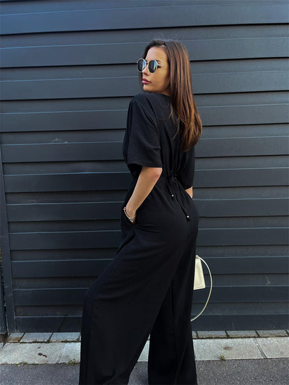 Women's Solid Color One Piece Jumpsuit | Deep V Neck, Tied Waist & Wide Leg Pants | noémi