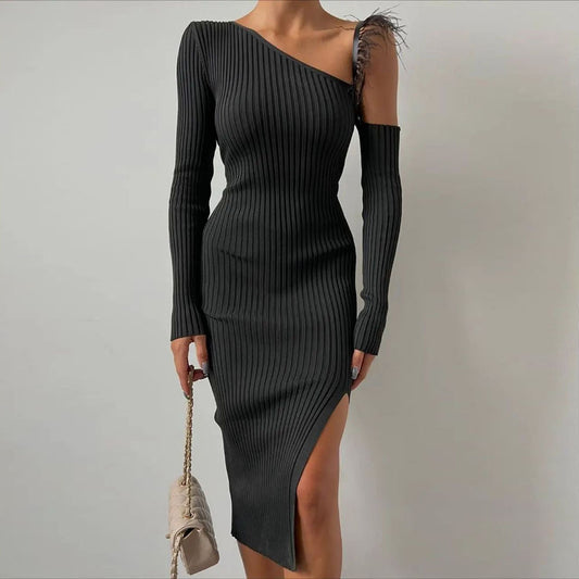 Hollow Out Furry Maxi Dress with Diagonal Collar and Cutout Detail | noémi