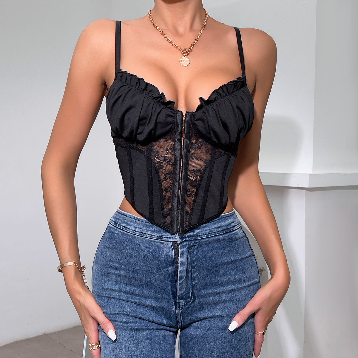 Satin Lace Corset Top | Bustier Crop Top with Boning & Lace Detail | Adjustable Straps | noémi