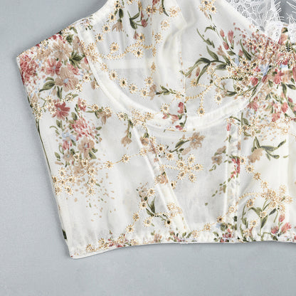 Lace Embroidered Corset Top | Floral Chiffon Bralette with Boning | Adjustable Straps | noémi