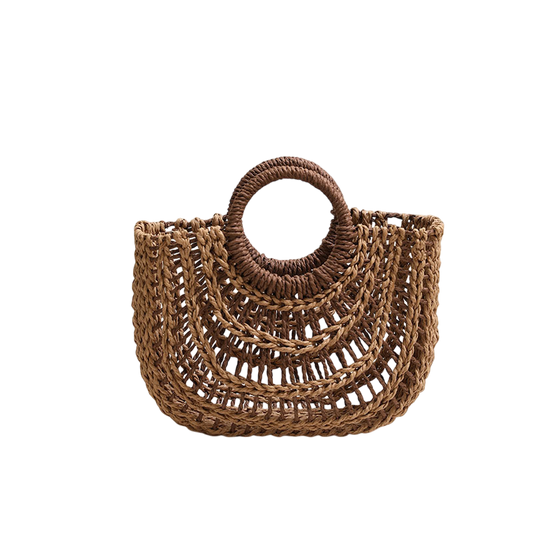 Straw Half-Moon Tote Bag – Hollow-Out Weave, Round Handle, Natural/Coffee | noémi