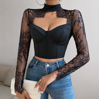 Slim Fit Lace Long Sleeve Top with Low Cut Neckline for Women | noémi
