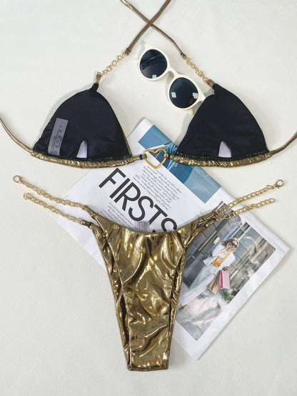 Womens Metallic Bikini Set | Bronzed Coated Fabric Criss Cross Strap Detail | noémi