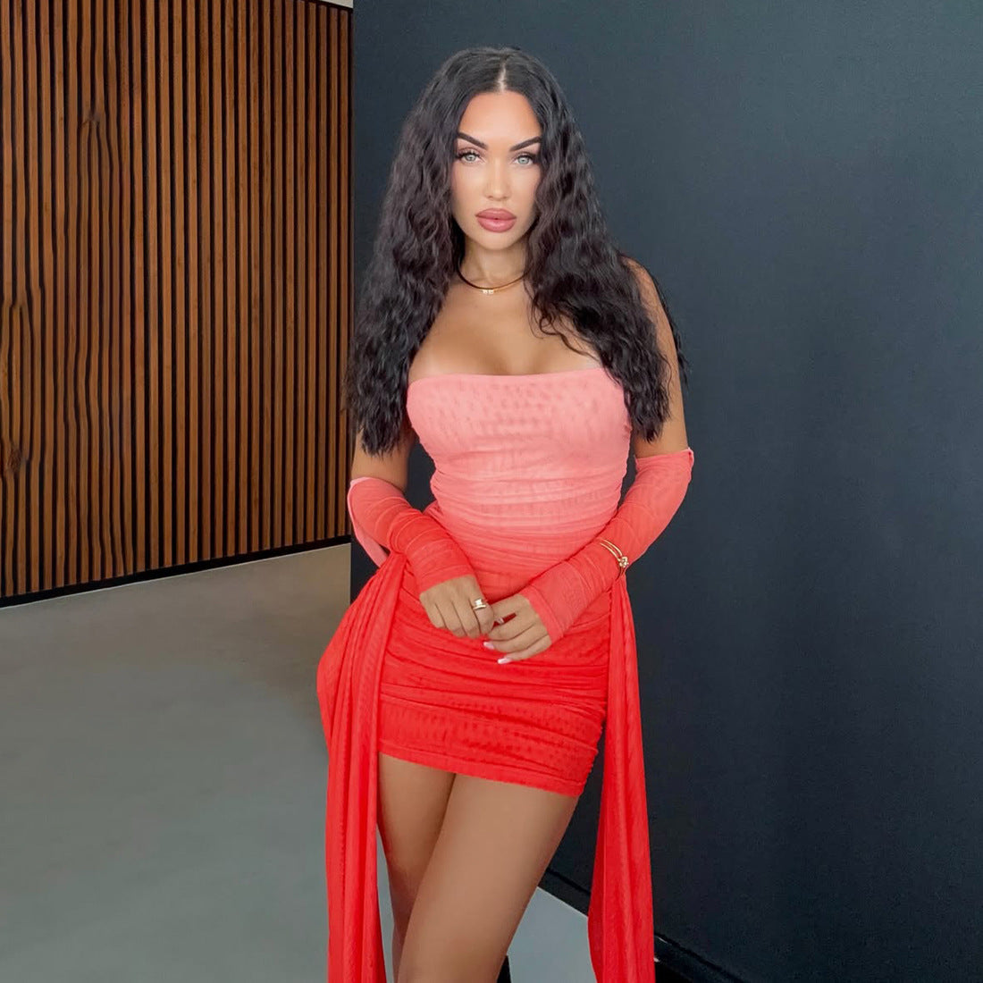 Mesh Sleeve Bodycon Dress | Bandeau Halter Finger Fit Design with Ribbon Detail | noémi