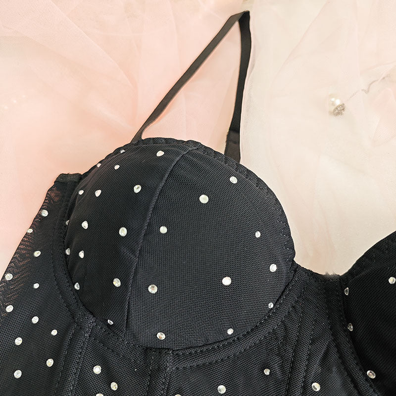 Black Studded Mesh Corset Top | Bustier Crop Top with Rhinestone Detail & Adjustable Straps | noémi