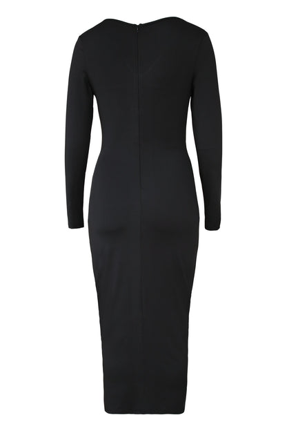 Pleated V Neck Dress with Fitted Waist and Long Sleeves | noémi