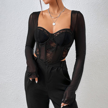 Black Lace Grenadine Corset Top with Boning and Square Collar Long Sleeves | noémi