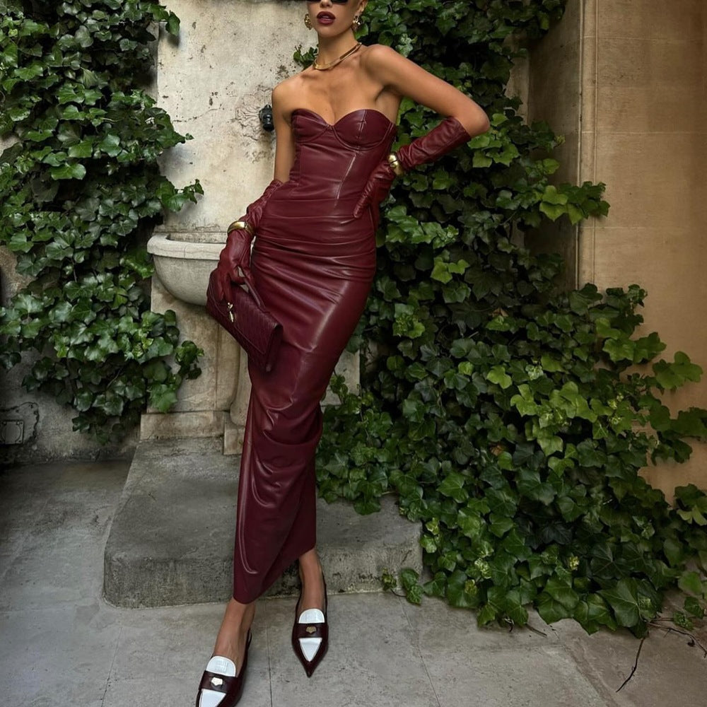 Womens Faux Leather Tube Top Dress Strapless | noémi