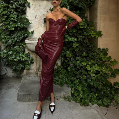 Womens Faux Leather Tube Top Dress Strapless | noémi