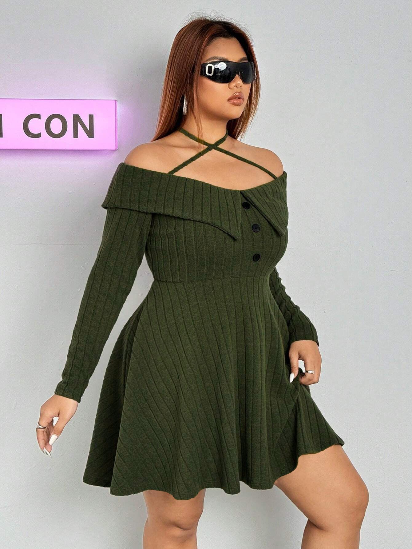 Off Shoulder Ribbed Knit Mini Dress with Criss Cross Halter Straps | noémi