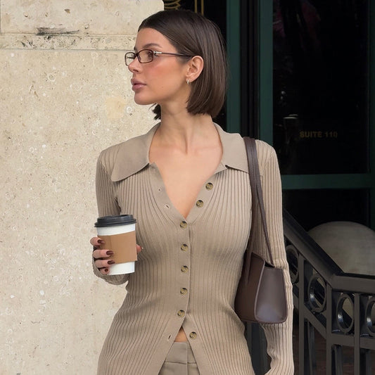 Ribbed V Neck Cardigan for Women | Slim Fit, Wool Blend, Button Down Long Sleeve Top | noémi