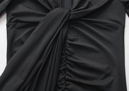 Pleated V Neck Dress with Fitted Waist and Long Sleeves | noémi