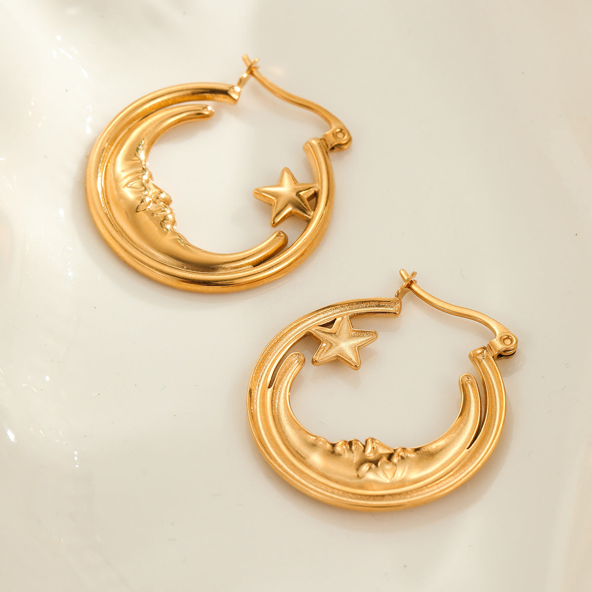 Retro Star Hoop Earrings | Gold Stainless Steel, Hollow Out Cutout Design | noémi