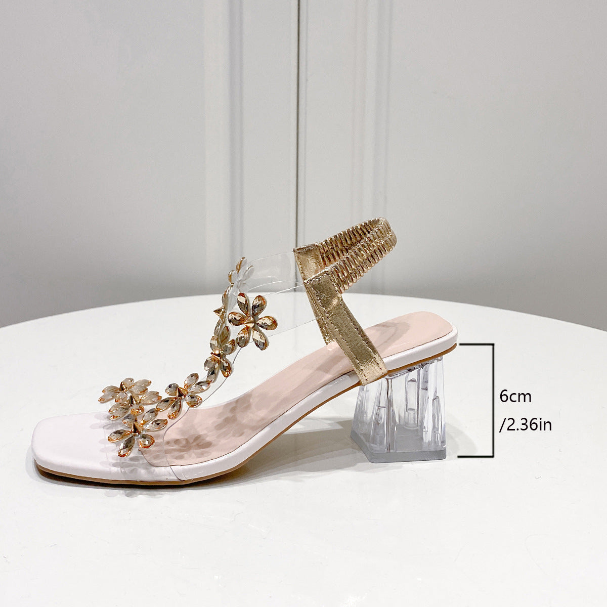 Square Toe Floral Crystal Heel Sandals | High Heels with Elastic Band | noémi