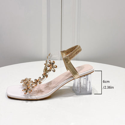 Square Toe Floral Crystal Heel Sandals | High Heels with Elastic Band | noémi