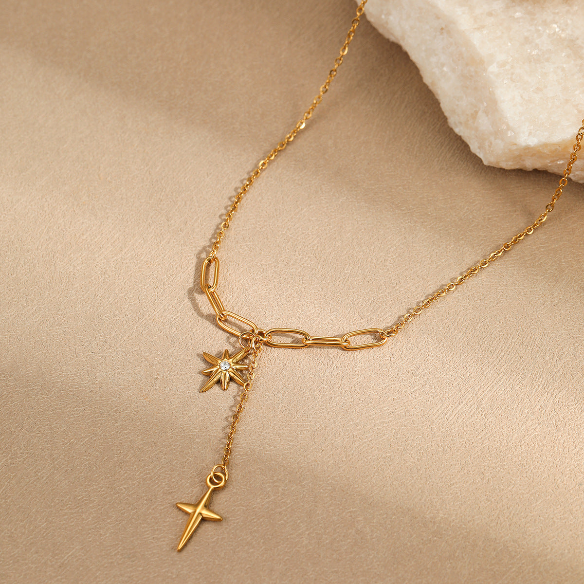 Gold Star & Cross Layered Necklace | Minimalist Clavicle Chain with Diamond Accent & Tassel Detail | noémi