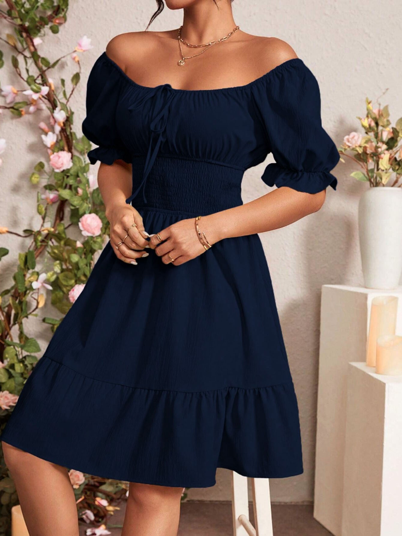 Navy Blue Square Collar Backless Mid Length Dress with Puff Sleeves | noémi