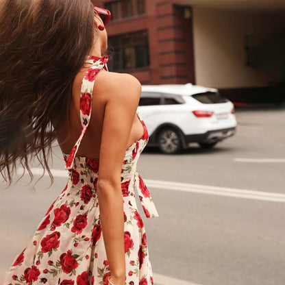 Halter Backless A Line Mini Dress | Rose Print High Waist Slim Fit | noémi