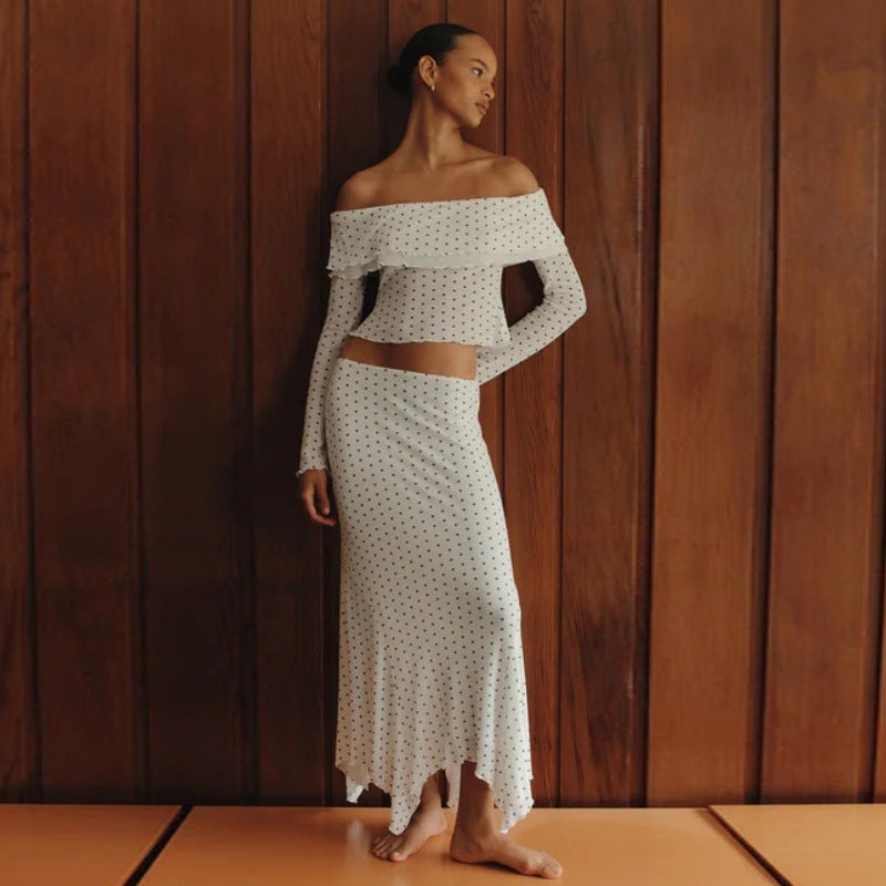 Fall Off Shoulder Knit Two Piece Set | Polka Dot Crop Top & Low Waist Midi Skirt | noémi