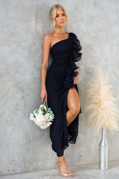 Womens One Shoulder Pleated Bodycon Dress | High Slit Ruched Midi Dress | noémi