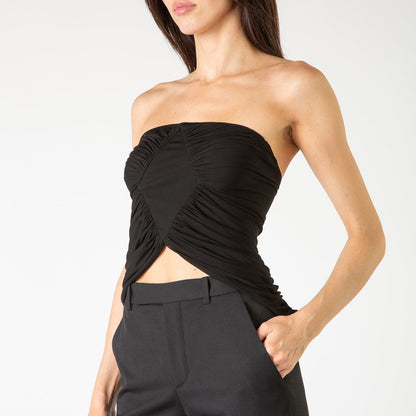 Womens Pleated Strapless Tube Top | Cut Out Bare Midriff Crop in Black | noémi