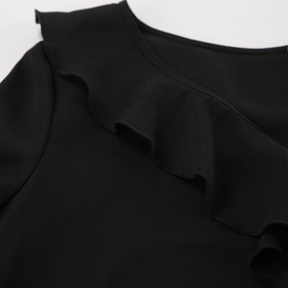 Black V Neck Chiffon Blouse for Women | Sheer Long Sleeve with Ruffle Detail | noémi