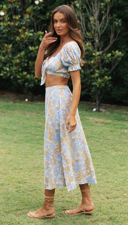 Vintage Floral Womens Crop Top & Maxi Skirt Set | Short Puff Sleeves & Slit Hemline | noémi
