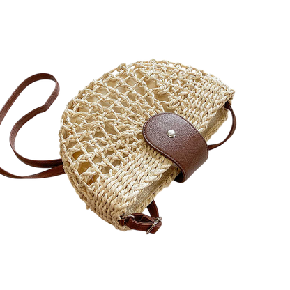 Straw Half-Moon Crossbody Bag – Hollow-Out Woven, Brown | noémi