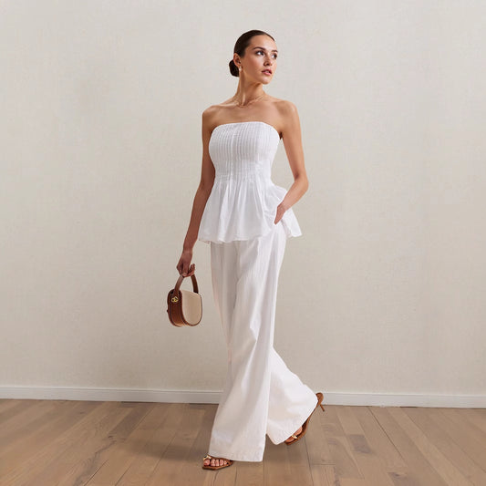2 Piece White Tube Top & Trousers Set | Strapless Peplum Top | Wide Leg Pants | noémi