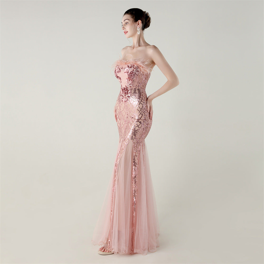 Sequin Beaded Floral Feather Gown | Mesh Fishtail Strapless Cross Back | noémi