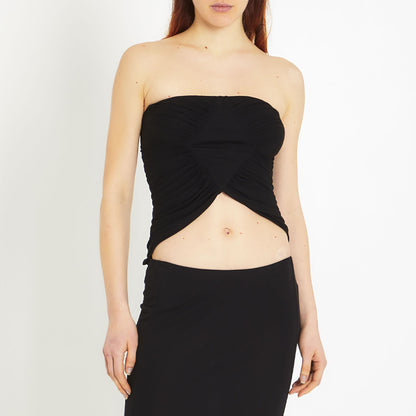 Womens Pleated Strapless Tube Top | Cut Out Bare Midriff Crop in Black | noémi