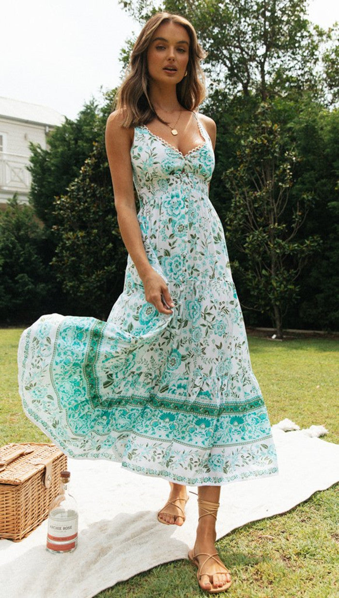 Womens Floral Maxi Dress | V Neck, Backless Lace Up | noémi