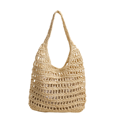 Large-Capacity Pink Straw Shoulder Tote Bag – Hollow-Out Woven Beach Carryall | noémi