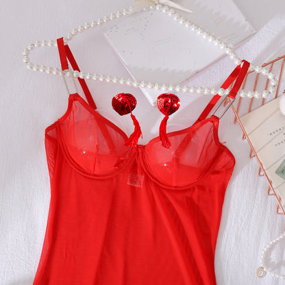 Womens Red Mesh Nightdress with Chest Patch Body Shaping and Steel Ring Details | noémi