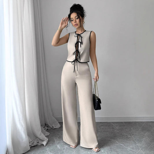 Womens 2 Piece Set | Lace Up Sleeveless Top & High Waist Wide Leg Pants | noémi