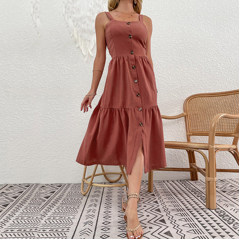 Cotton Linen Strap Button Down Cardigan Style Dress For Women | noémi